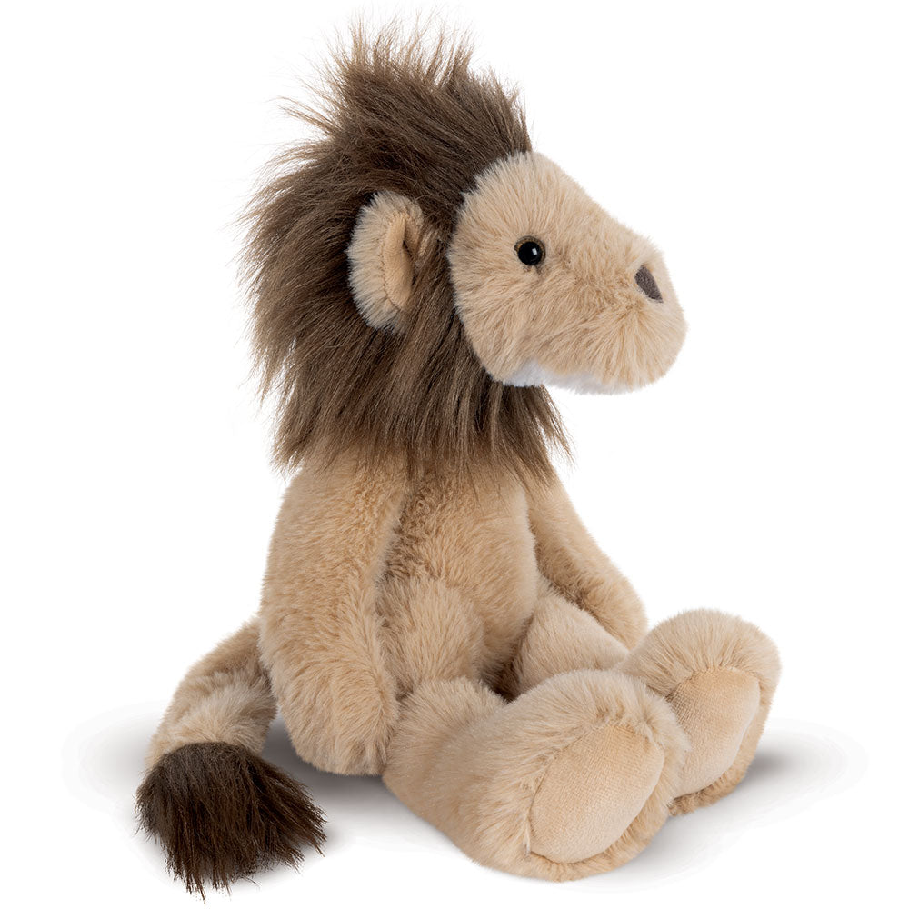 15-inch plush lion toy with soft tan fur, dark brown mane, and stitched facial features sitting upright.