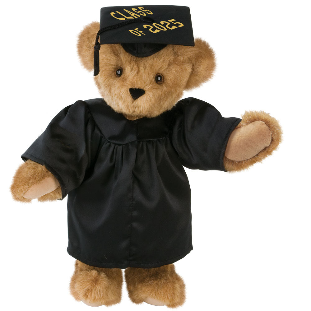 Brown teddy bear wearing a black graduation gown and cap with gold "Class of 2025" text.
