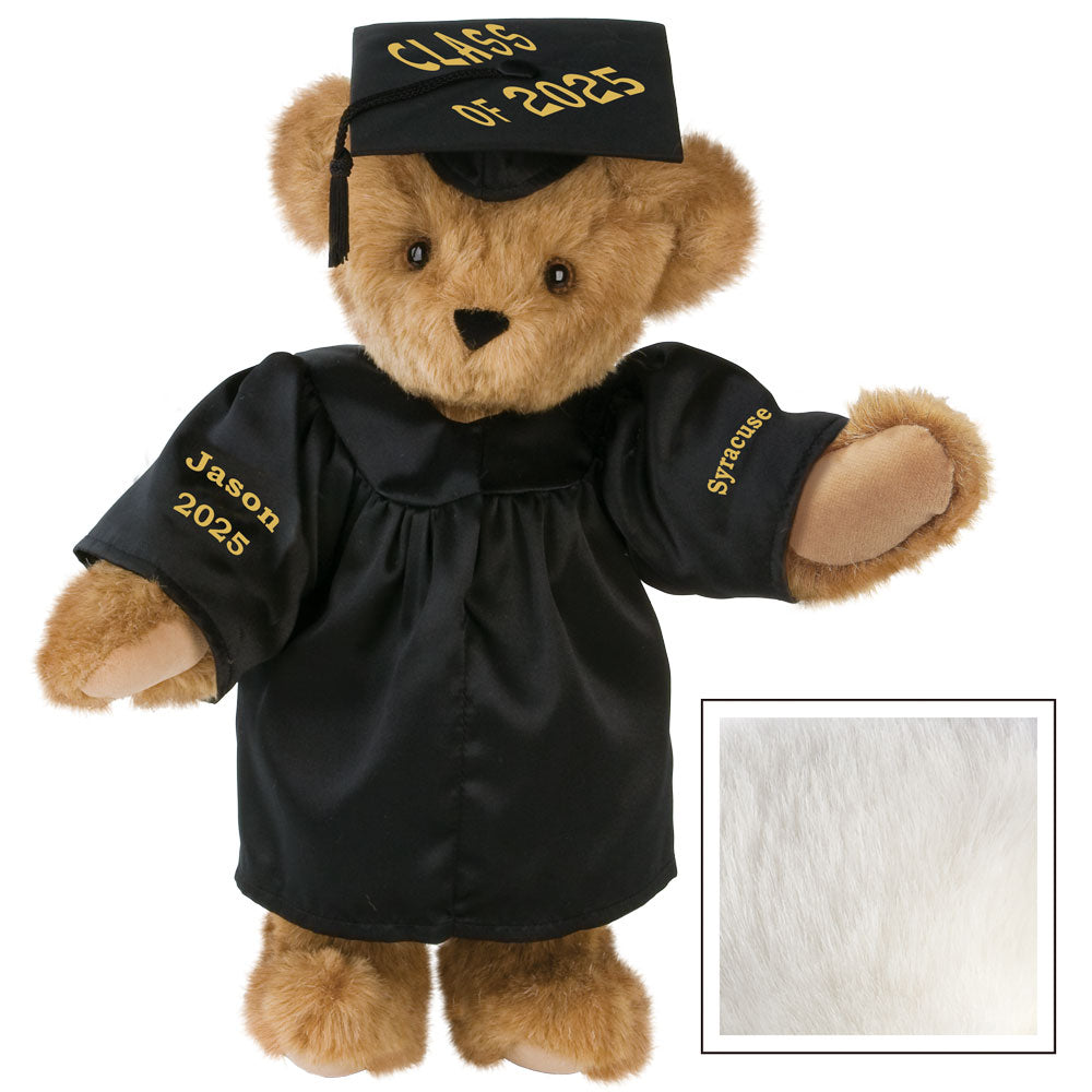 Honey-colored teddy bear wearing a black graduation gown and cap with "Class of 2025" in gold lettering.