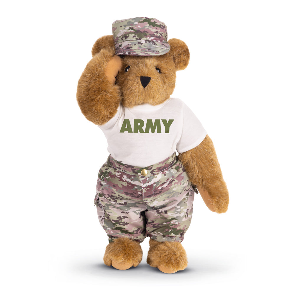 Brown teddy bear wearing camouflage military pants and hat, white shirt with "ARMY" text.
