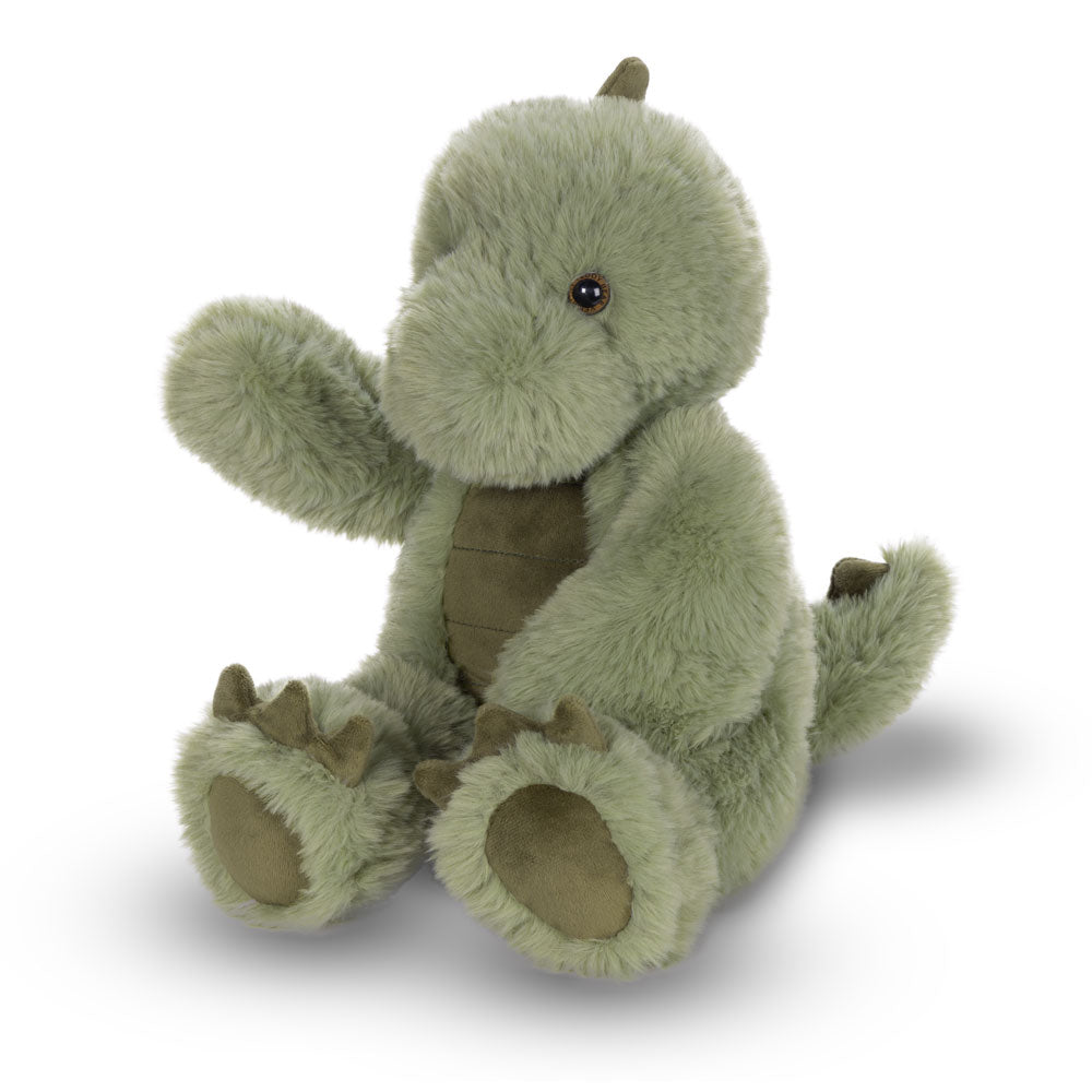 Plush 18-inch T-Rex toy in soft green fabric with brown accents on belly, claws, and tail spikes.