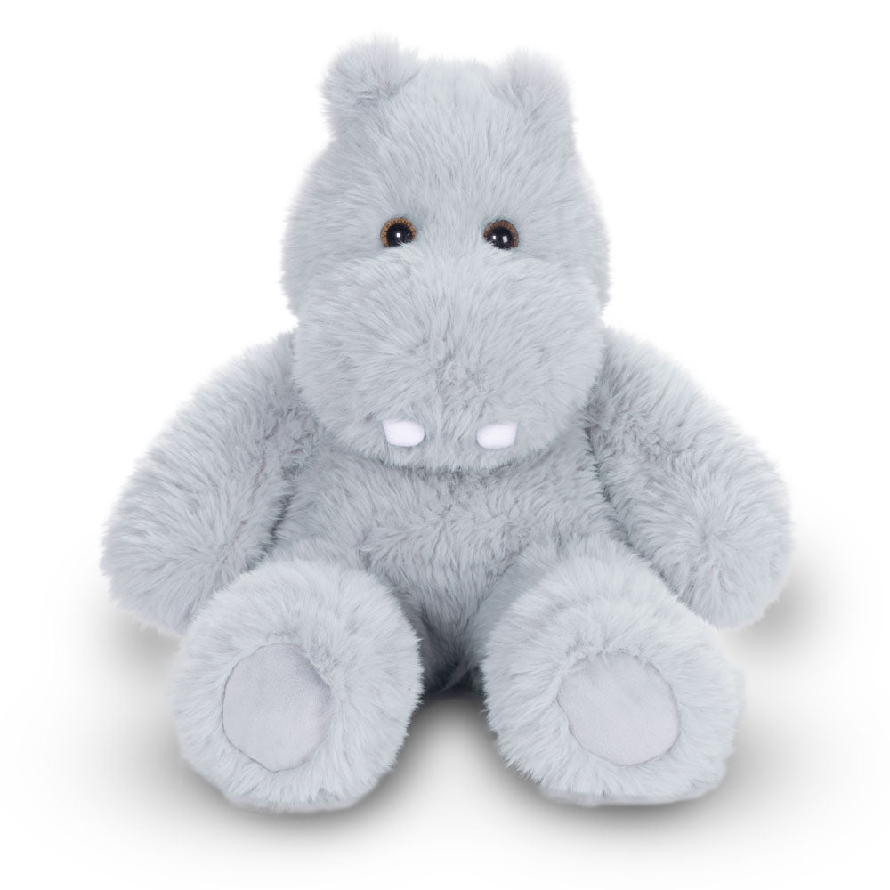 Plush light gray hippo with soft fur, round ears, black eyes, and white teeth sitting upright.