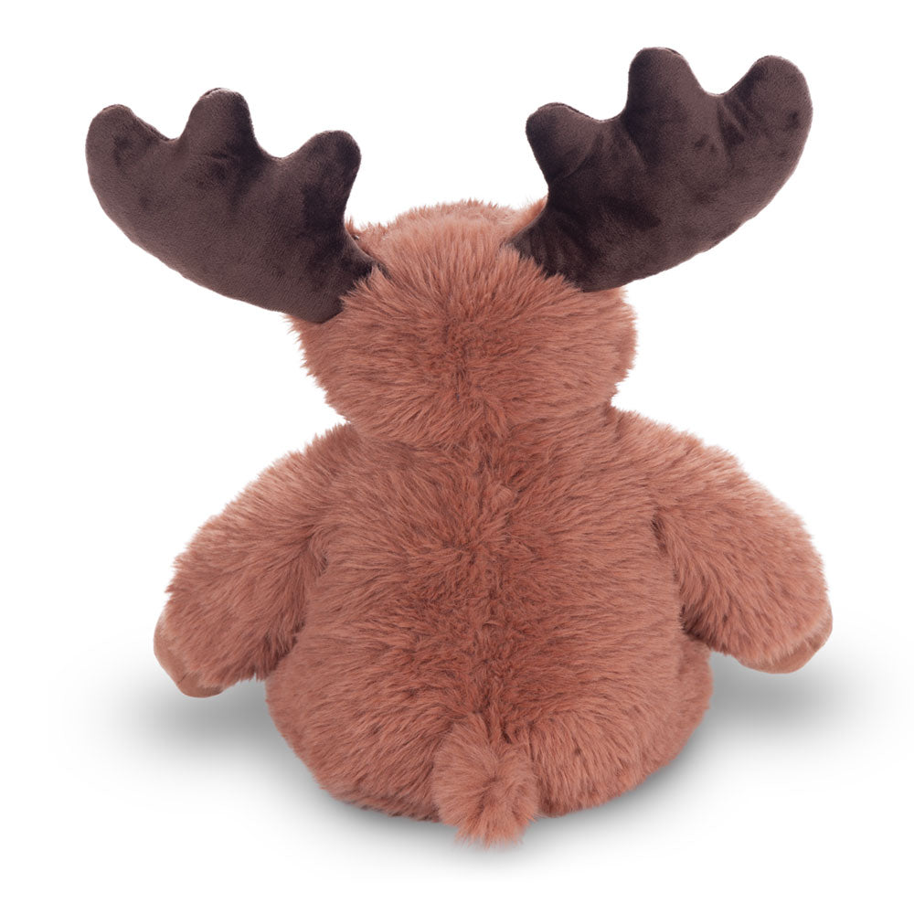 Brown plush moose with soft fur and large dark brown antlers, sitting upright facing away.