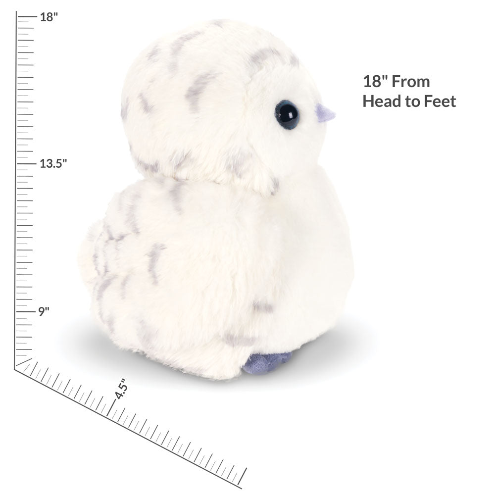White and gray plush snowy owl with blue eyes, sitting upright, 18 inches tall.