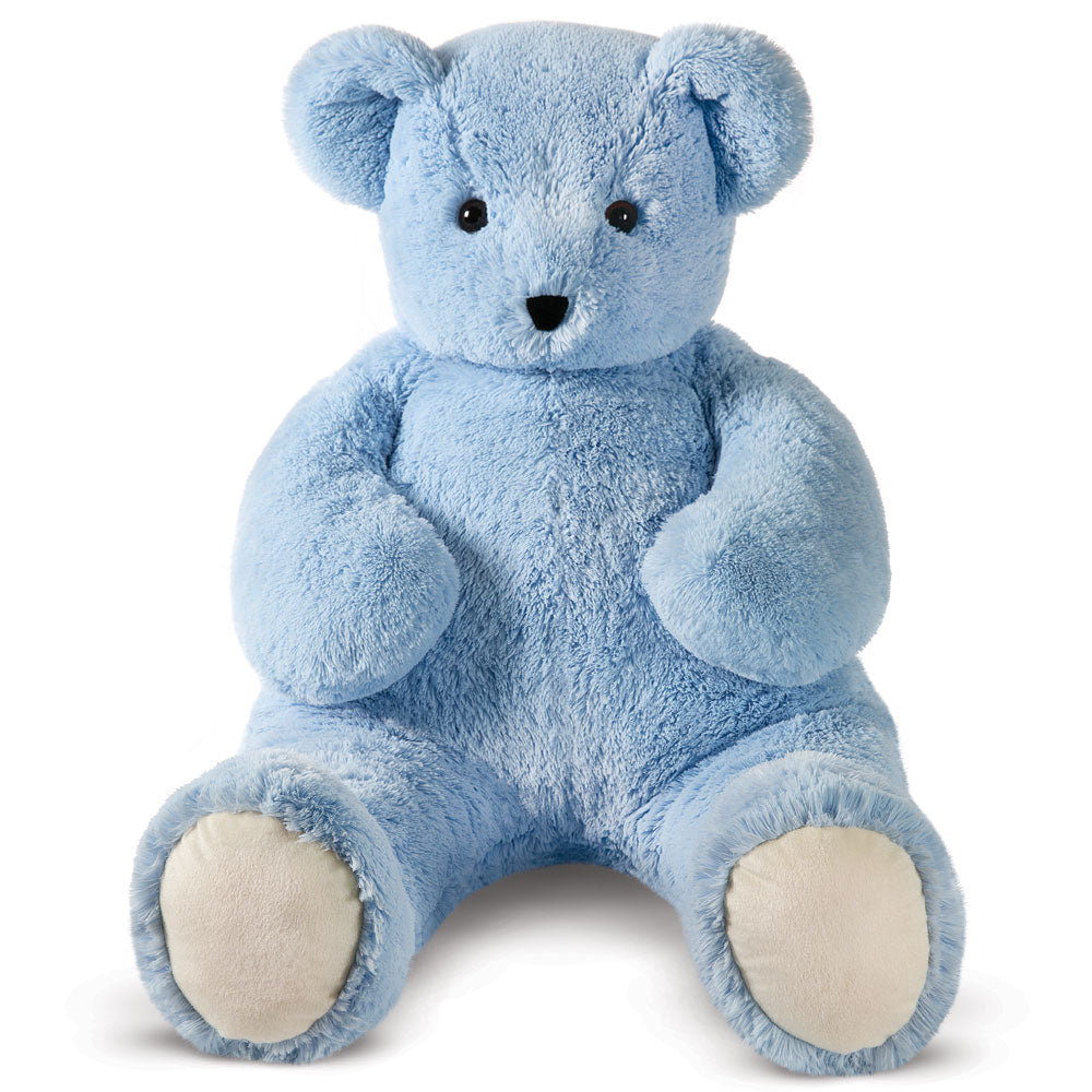 Light blue plush teddy bear with black eyes and beige paw pads sitting upright.