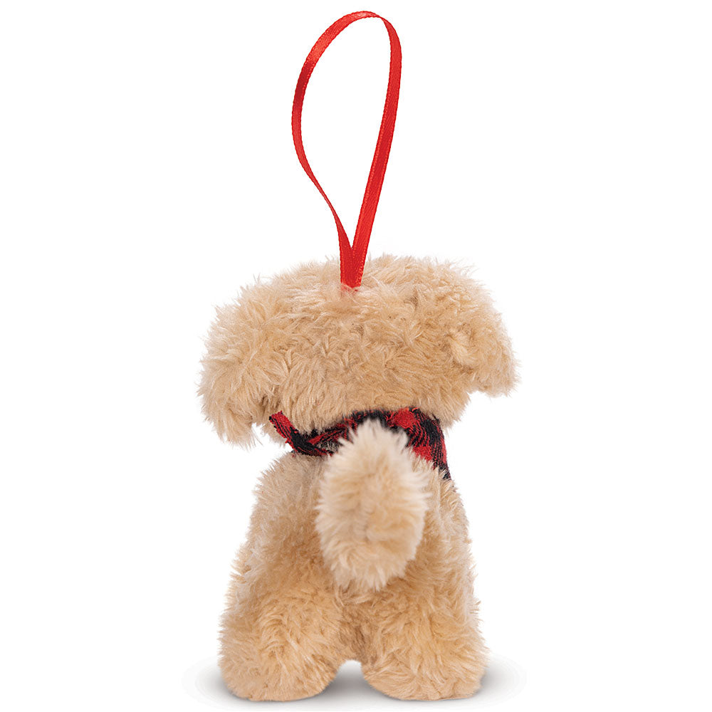 3-inch fluffy golden dog Christmas ornament with red and black plaid scarf and red hanging loop.