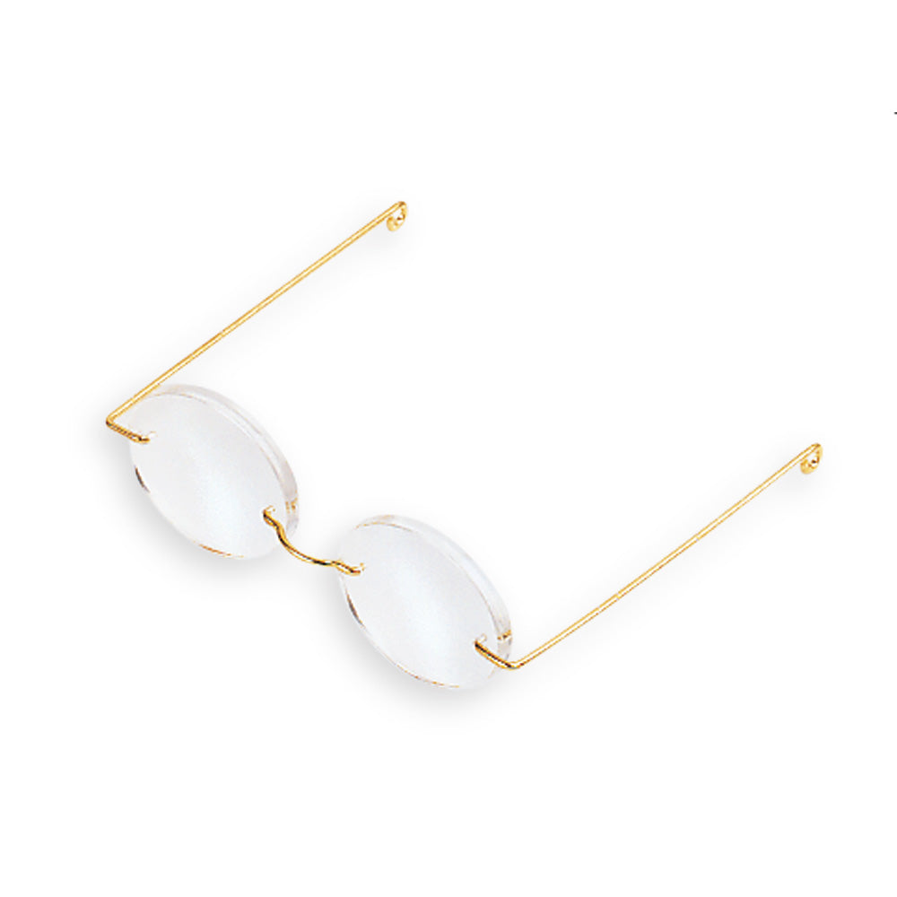 Round clear lenses with thin gold wireframe and minimalist bridge sunglasses.