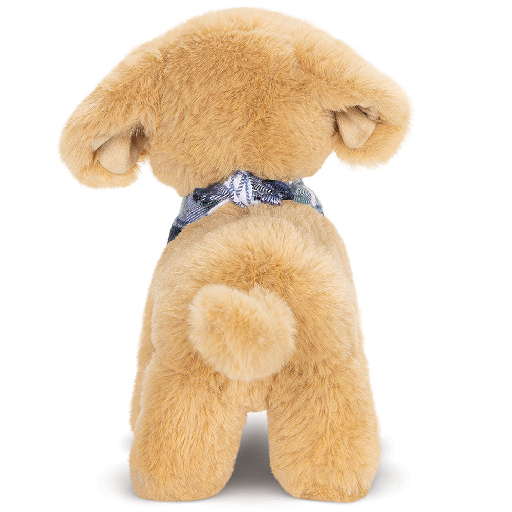 Soft golden plush puppy toy with curled tail and blue bandana collar, back view.