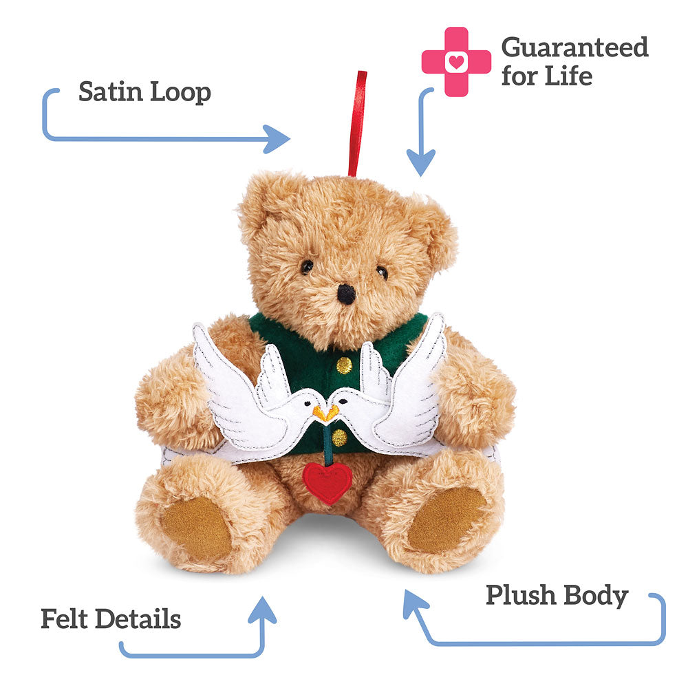 Teddy bear with dove design, labeled parts on a white background