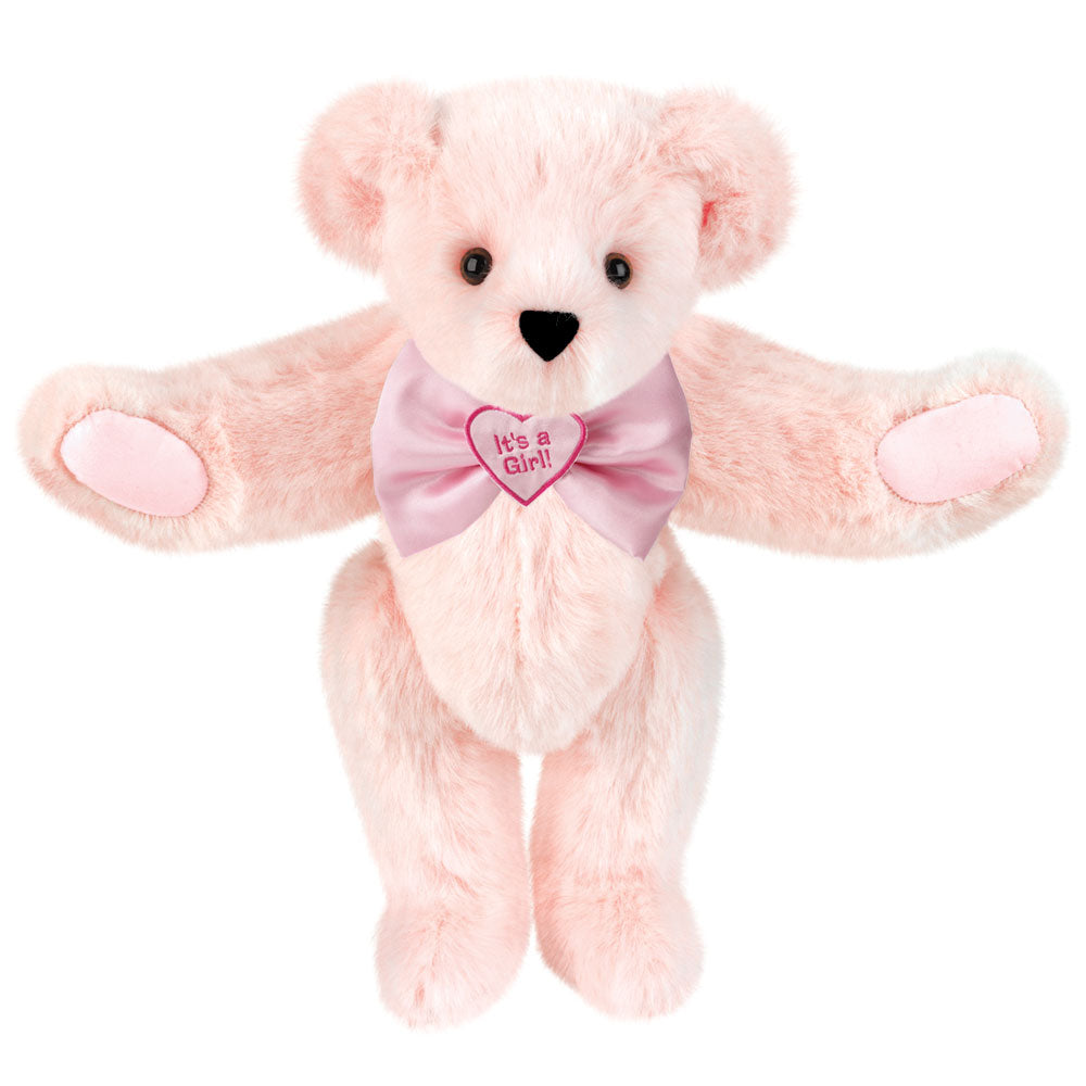 15-inch plush pink teddy bear with soft fur, brown eyes, and "It's a Girl!" heart bow tie.
