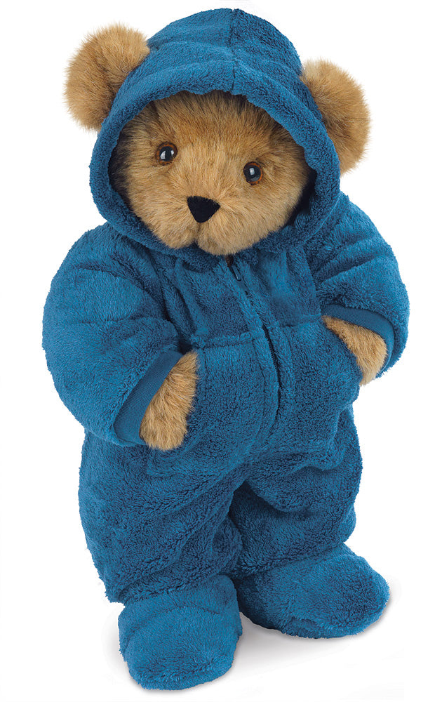 15-inch teddy bear wearing a blue hooded footie outfit with front zipper and built-in feet.