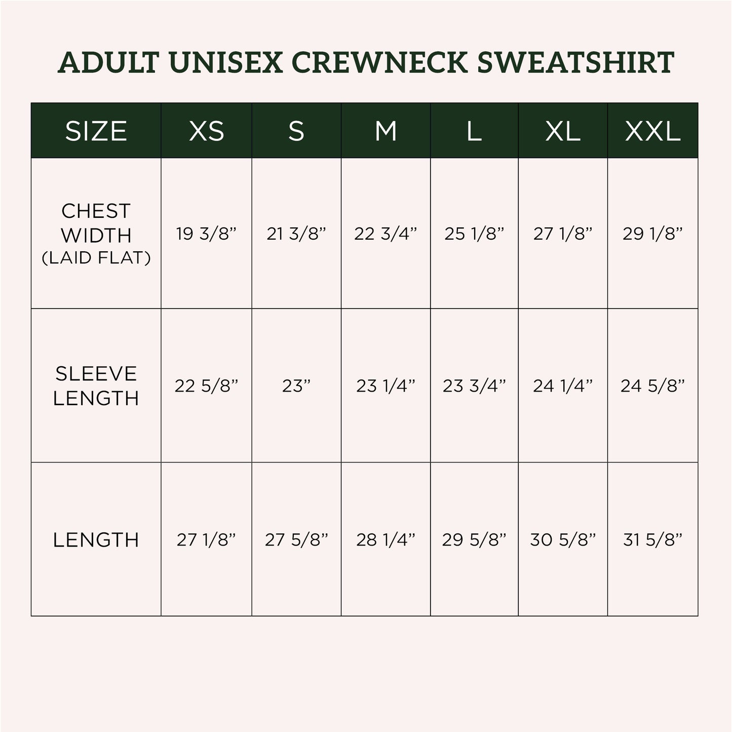 Size chart for unisex crewneck sweatshirt showing chest width, sleeve length, and length measurements across XS to XXL sizes.