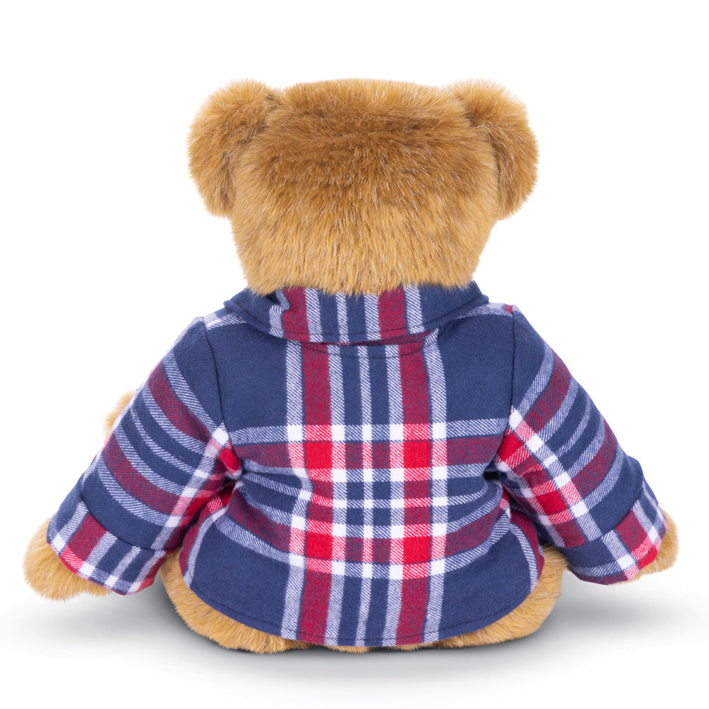 Honey-colored 15-inch plush bear wearing blue, red, and white Liberty plaid flannel shirt, back view.