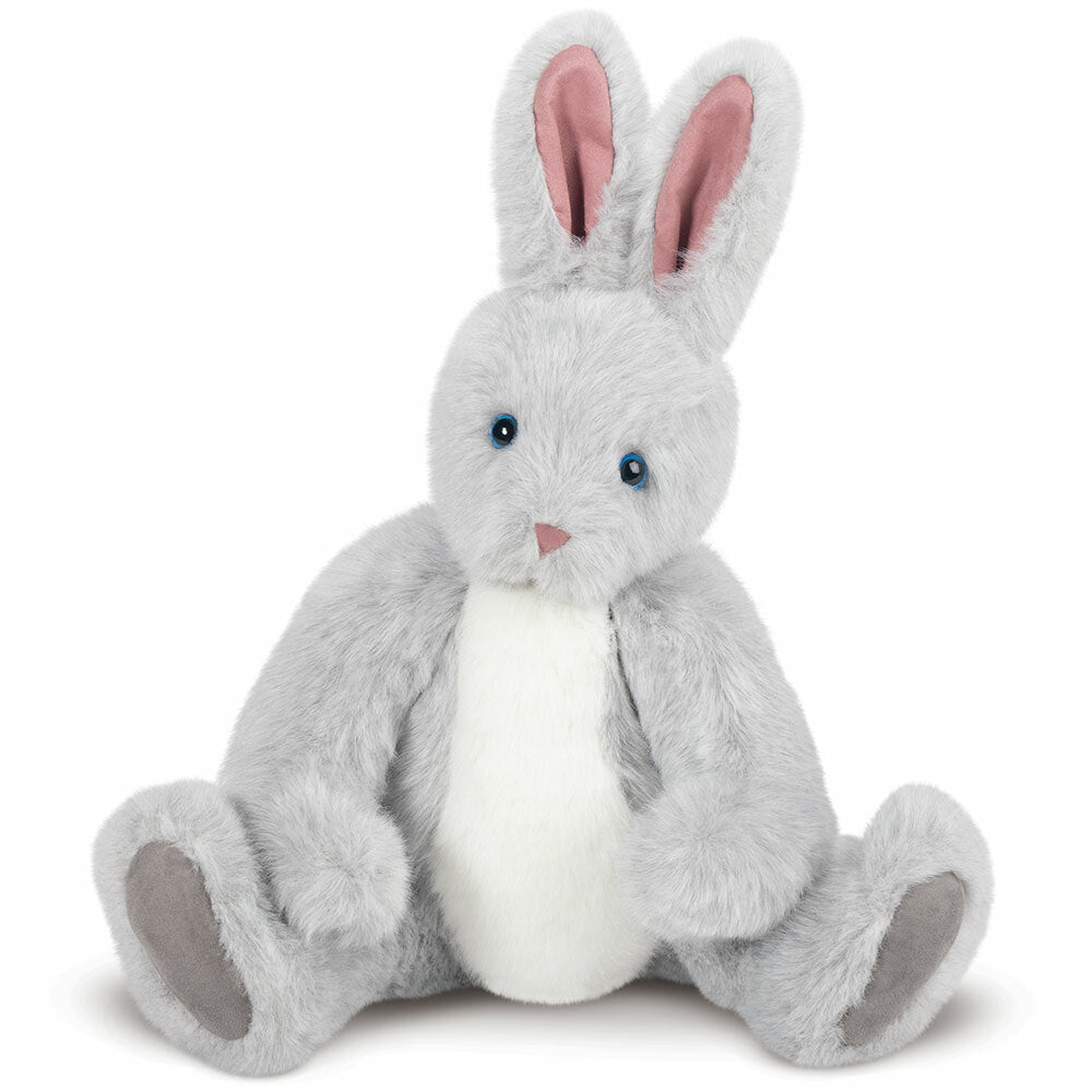 Soft grey and white plush bunny with pink inner ears and blue eyes, sitting upright.