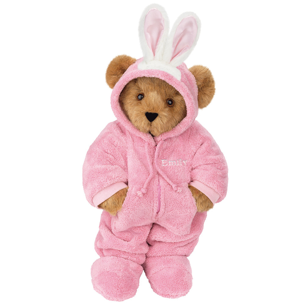 15-inch brown teddy bear wearing a soft pink bunny hooded footie with embroidered chest detail.