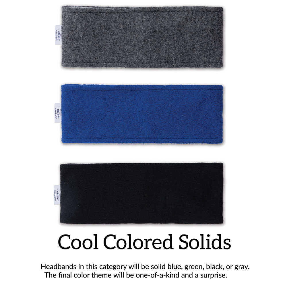 Set of three soft fleece headbands in gray, blue, and black colors with small side tags.