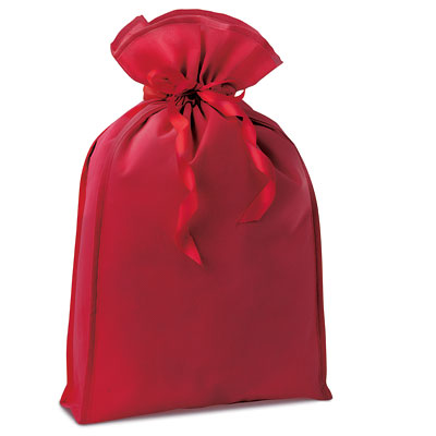 Red fabric gift bag with gathered top and matching ribbon tie closure.