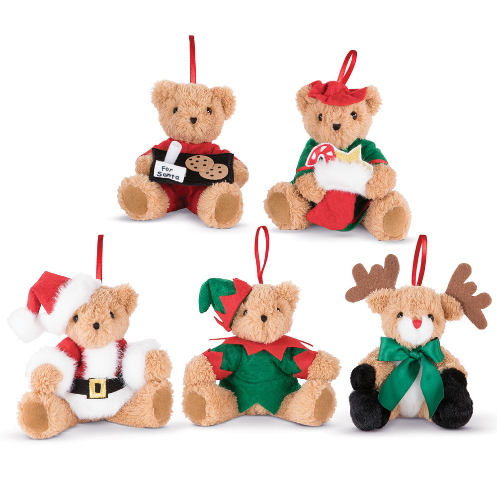 Set of five plush holiday bear ornaments dressed as Santa, reindeer, elf, and holding Christmas-themed accessories.