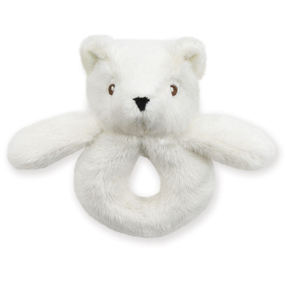 White plush teddy bear baby rattle with soft fur and ring-shaped handle.