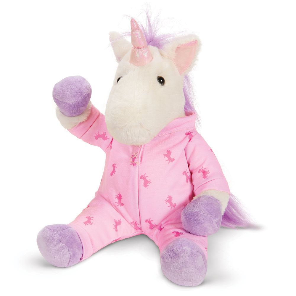 13-inch plush unicorn wearing a pink hoodie with flamingo print and purple hooves.