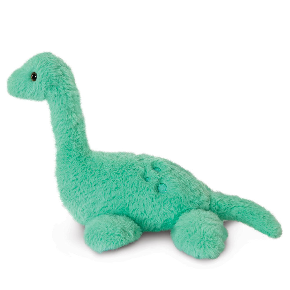 Soft teal plush dinosaur toy with long neck and rounded body, 18 inches tall.