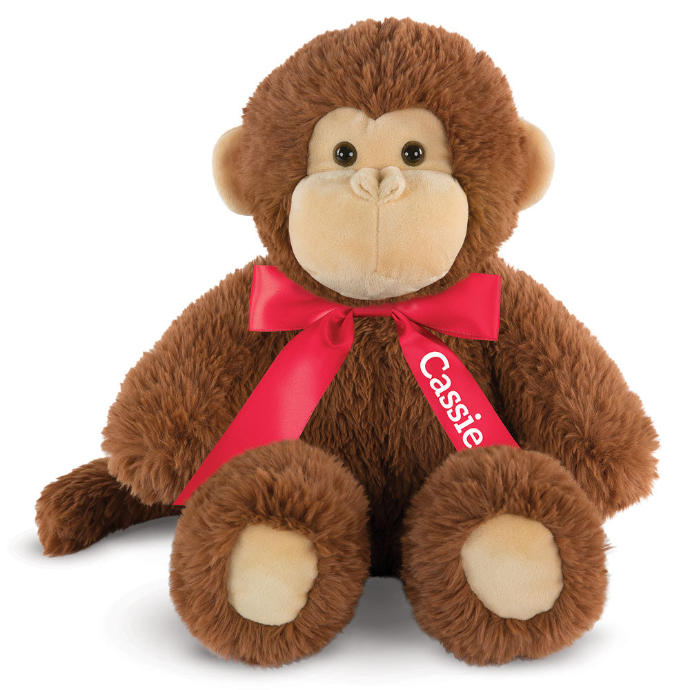Brown plush monkey with beige face and paws, wearing a red ribbon bow labeled Cassie.