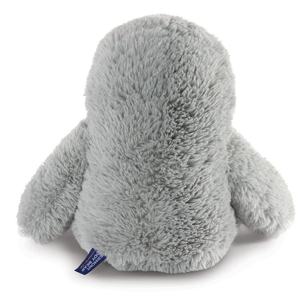 Plush gray sloth toy with soft, fluffy texture, shown from the back.