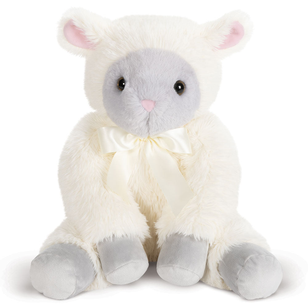 White plush lamb with gray face and paws, black eyes, pink nose, and cream satin bow around neck.