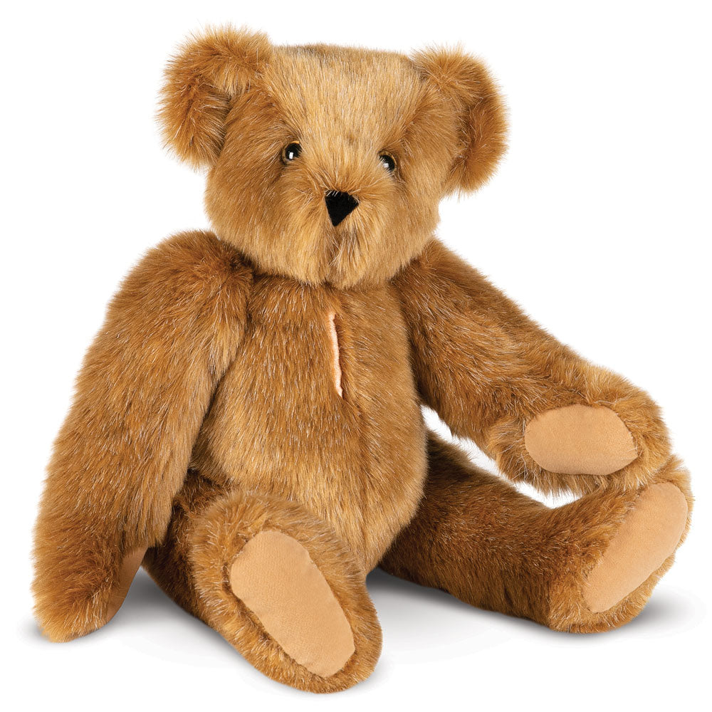 15-inch light brown plush teddy bear with stitched nose and tan paw pads sitting upright.
