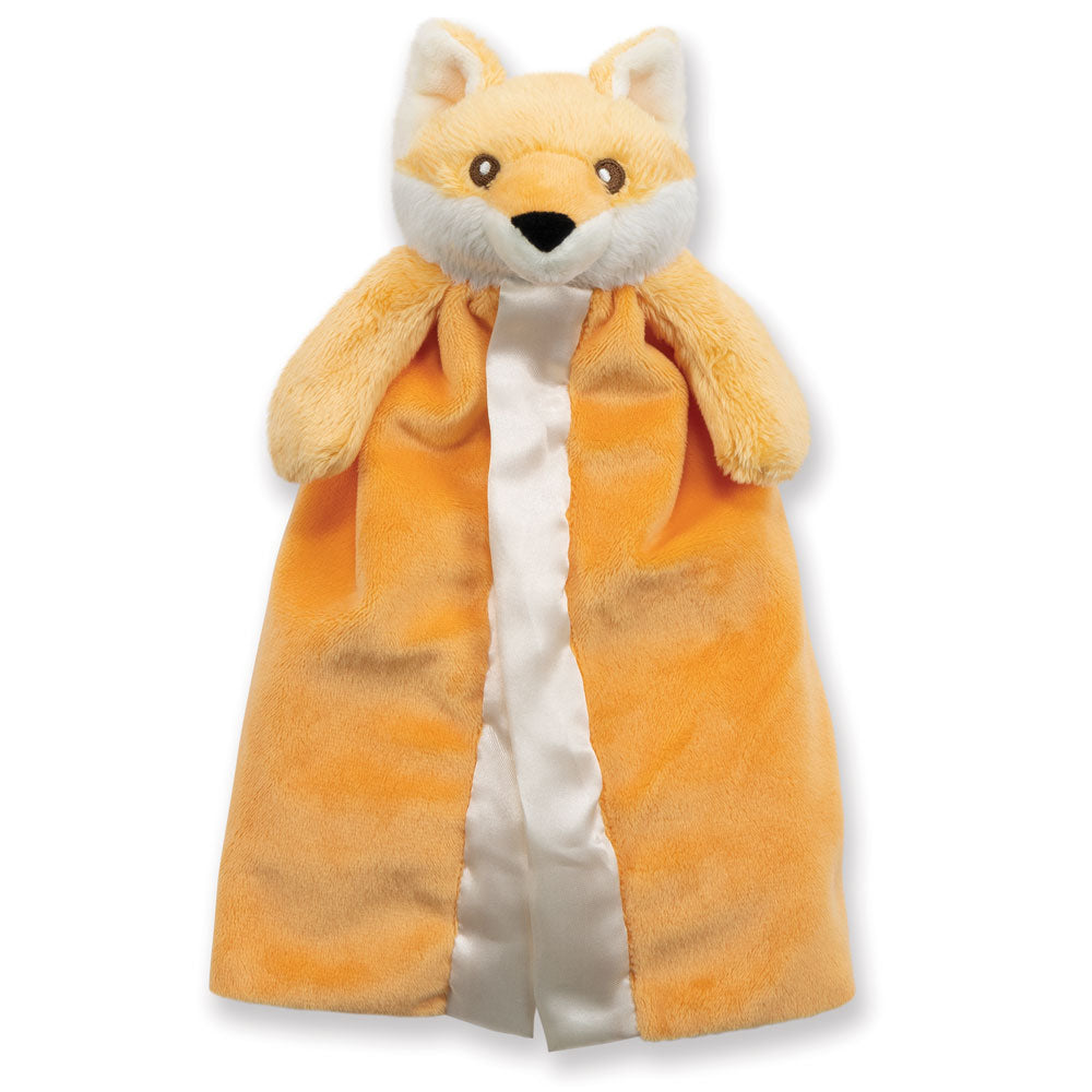 Orange and white plush fox baby lovey security blanket with soft satin trim.