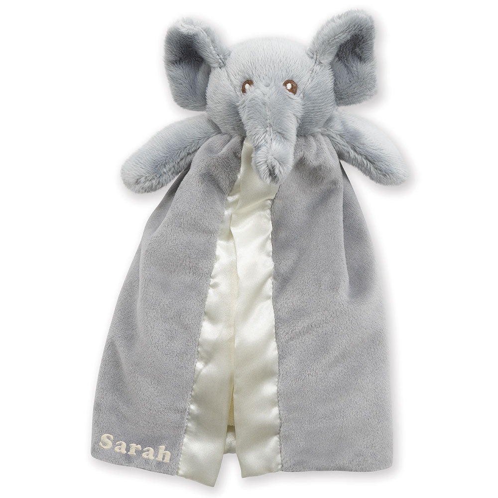Gray plush elephant lovey with satin blanket and personalized name "Sarah" embroidered in light thread.