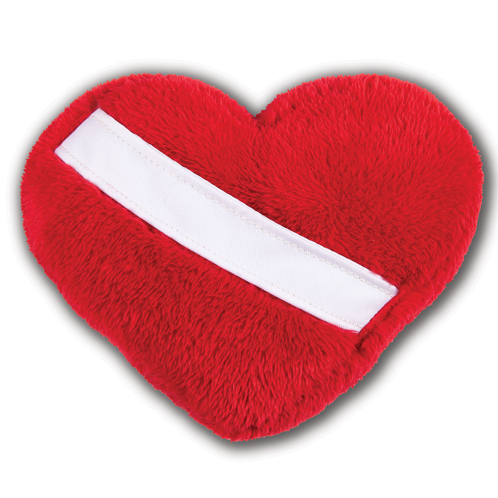 Red heart-shaped plush pillow with a horizontal white fabric band across the center.