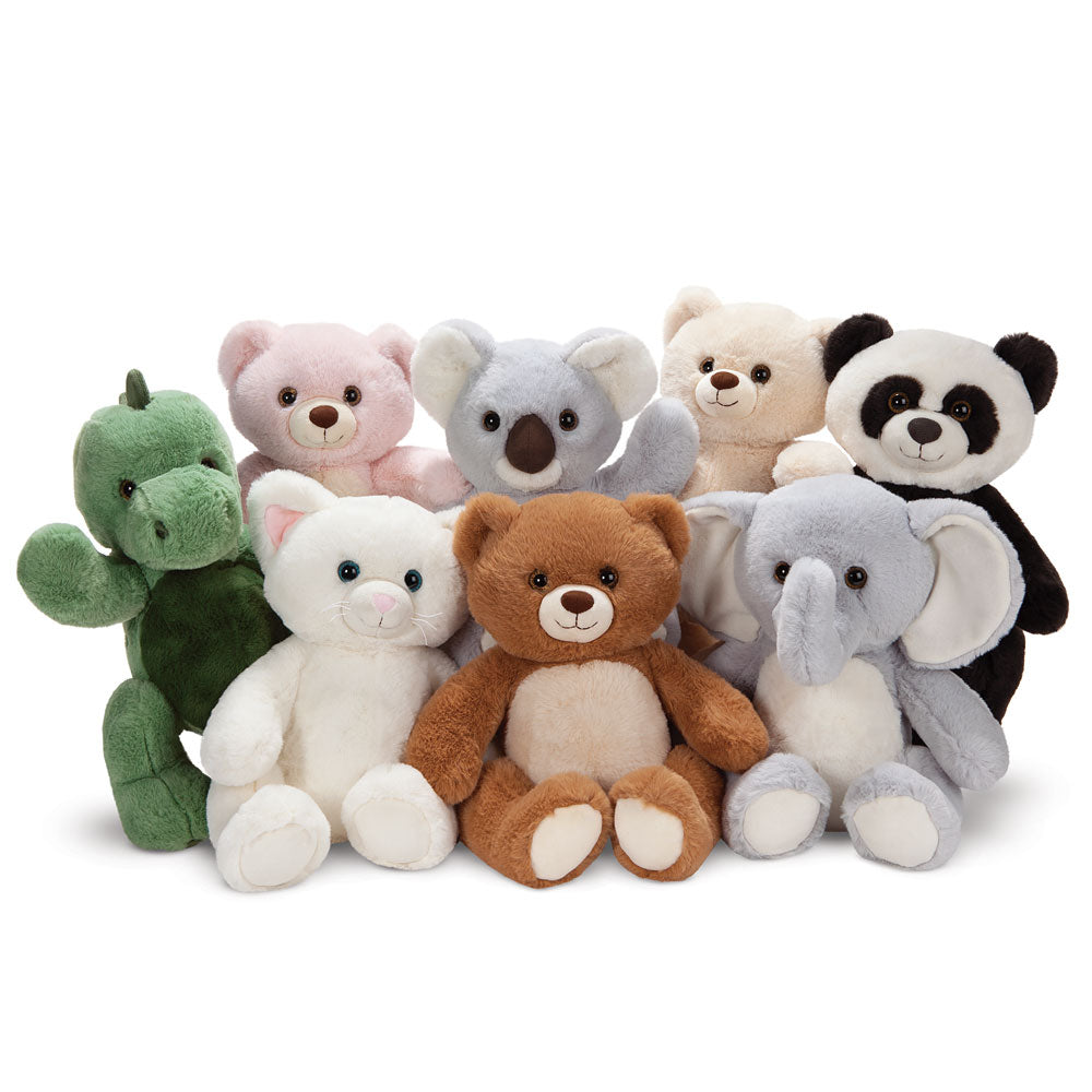 Assorted 15-inch plush animals including koala, bear, panda, elephant, and green dragon with soft fur and embroidered.