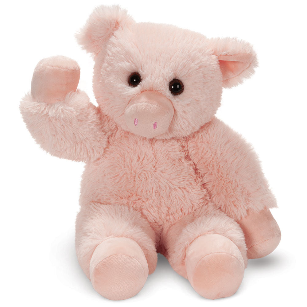 Plush light pink pig with soft fur, round black eyes, and a stitched snout sitting upright.