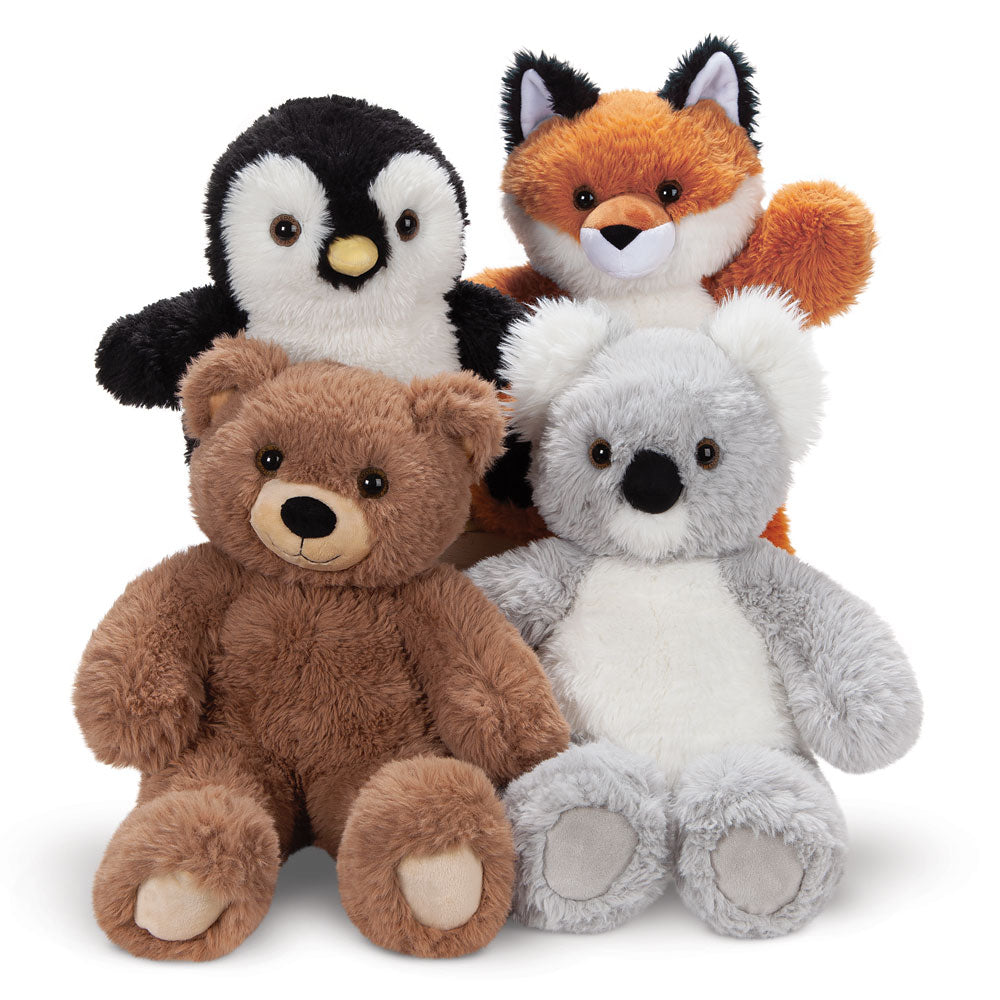Plush penguin with black and white fur, sitting with orange fox, brown bear, and gray koala stuffed animals.