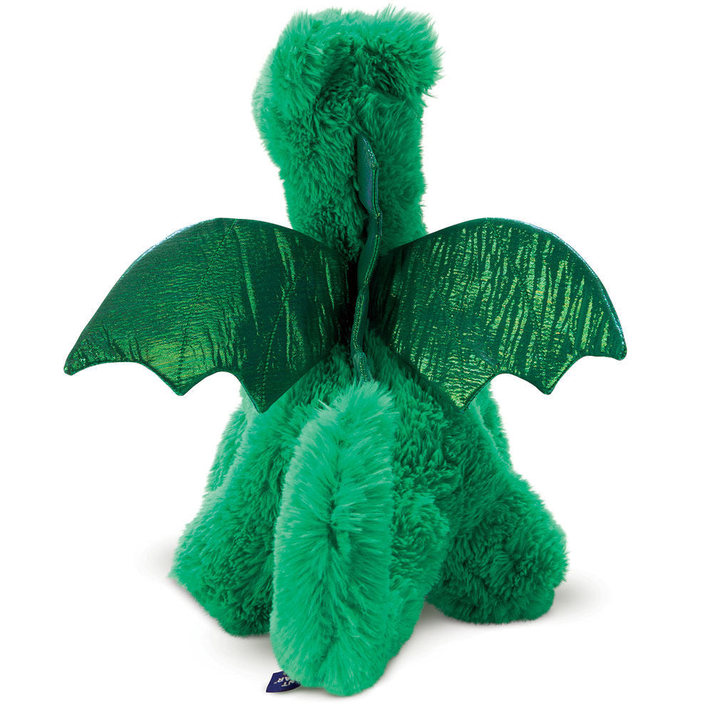Soft plush green dragon with textured wings and long tail, standing upright.