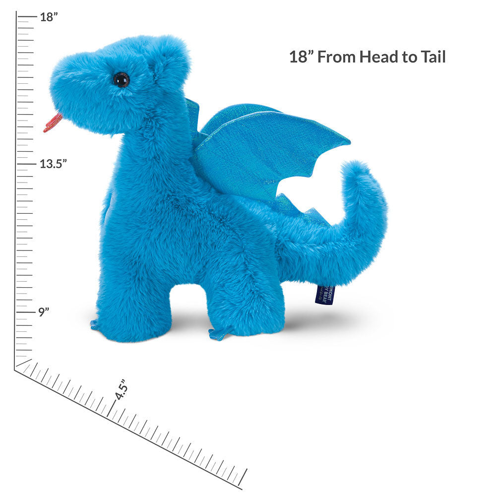 Plush blue dragon with wings, red tongue, and soft fluffy fur measuring 18 inches tall.