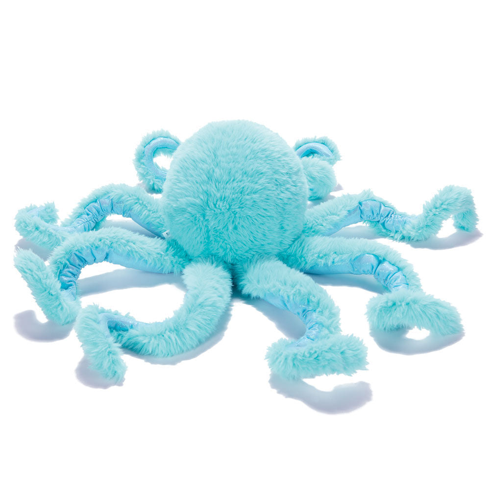 Light blue plush octopus toy with eight textured curly legs and a rounded head.