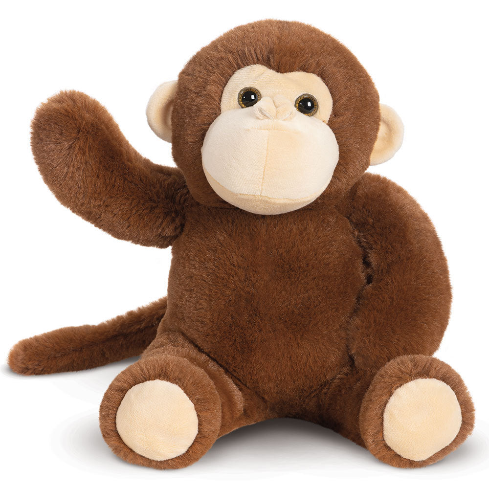 Soft brown plush monkey with cream-colored face, ears, hands, feet, and long tail sitting upright.