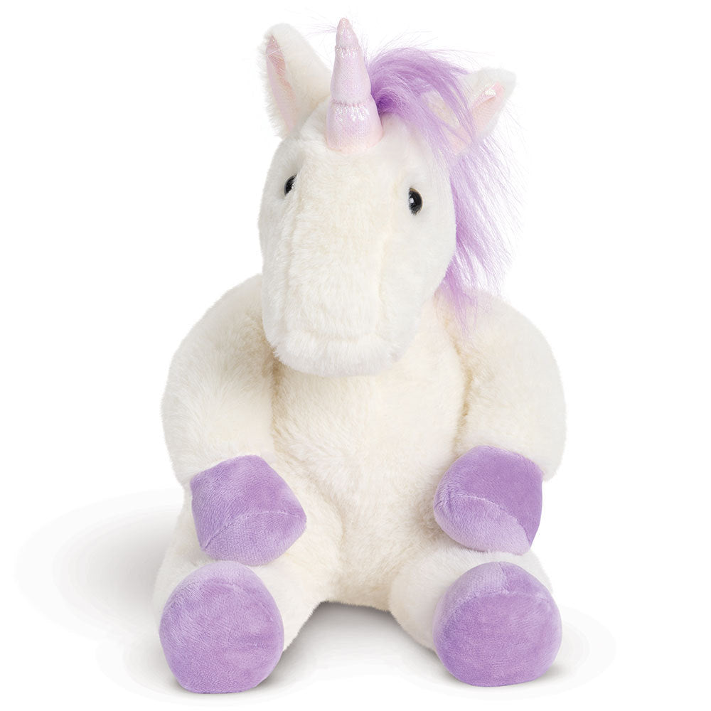 White plush unicorn with purple mane, horn, hooves, and black eyes, sitting upright.