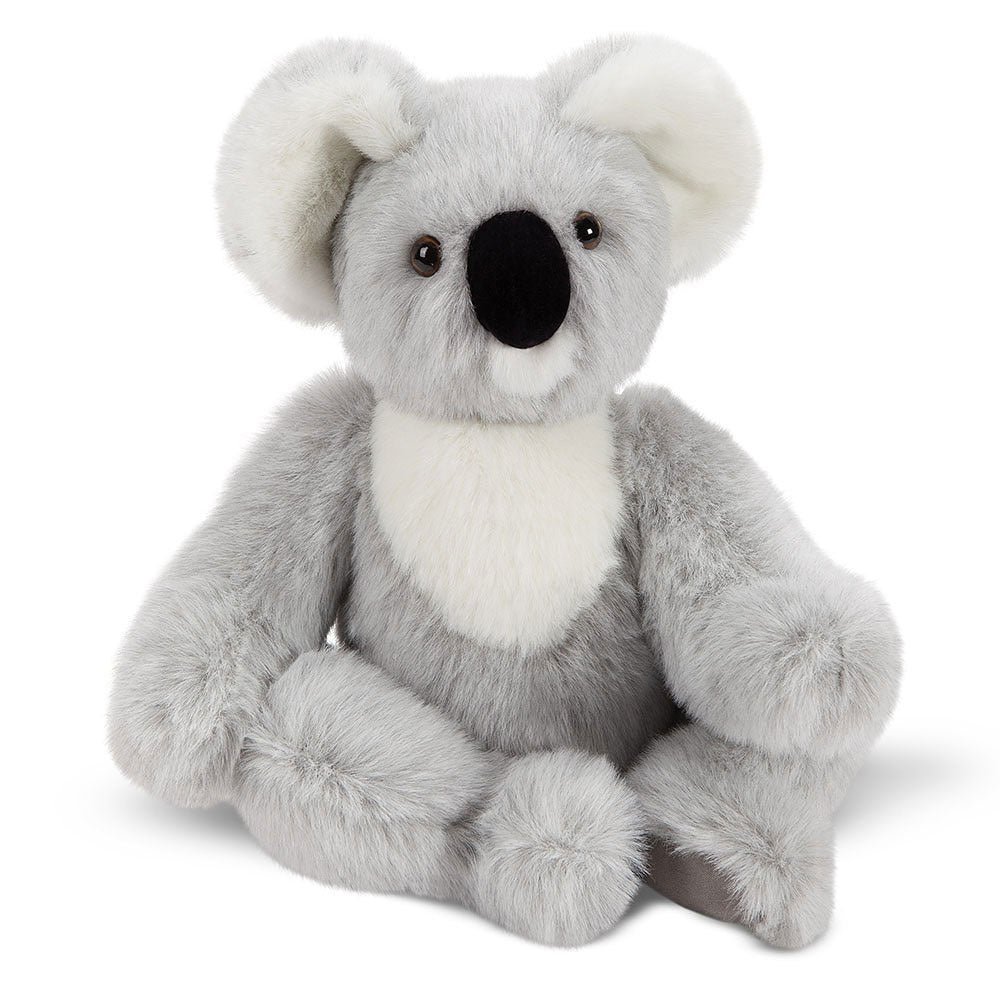 Soft gray and white plush koala with black nose sitting upright, 15 inches tall.