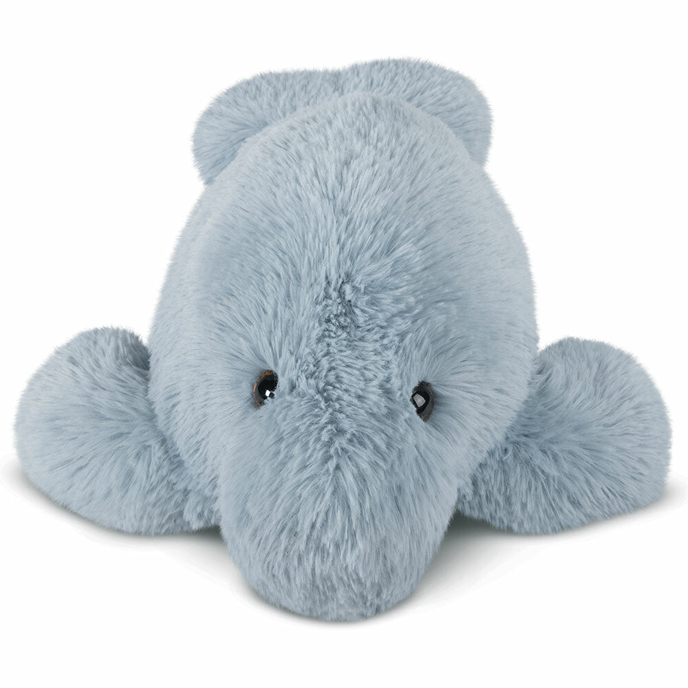 Plush 18-inch light blue manatee with soft fur and black eyes lying flat.