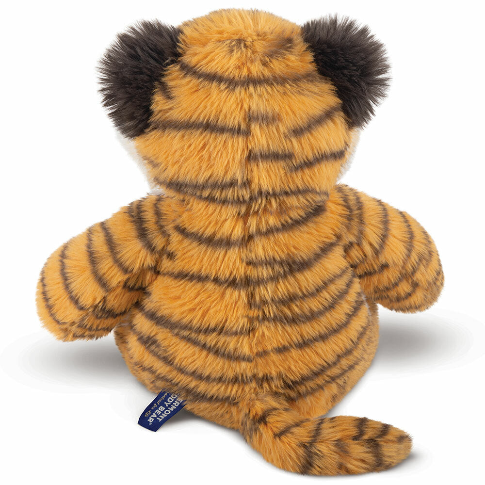Plush tiger toy with orange fur, black stripes, and black-tipped ears seen from the back.