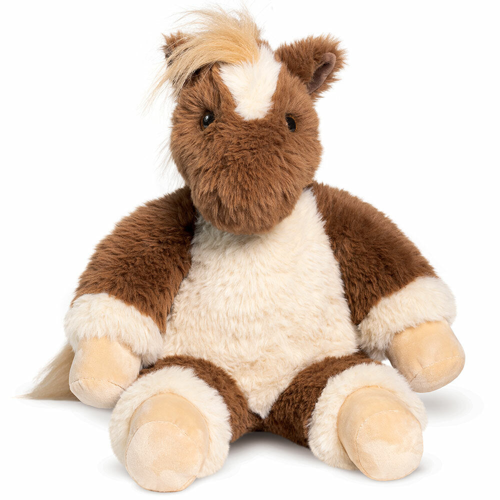 Brown and white plush horse with soft fur, sitting upright, 18 inches tall.
