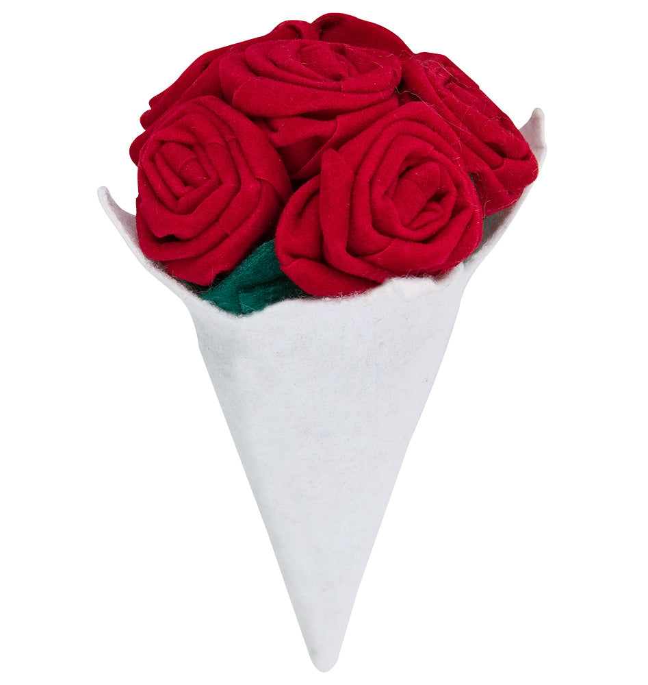 Small red fabric rose bouquet wrapped in white paper cone with green felt leaves.