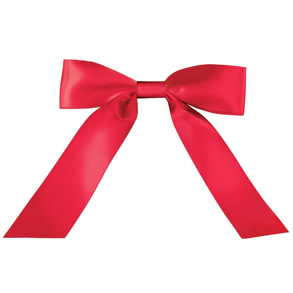 Red satin bow with long tails, smooth and shiny finish, vibrant red color.