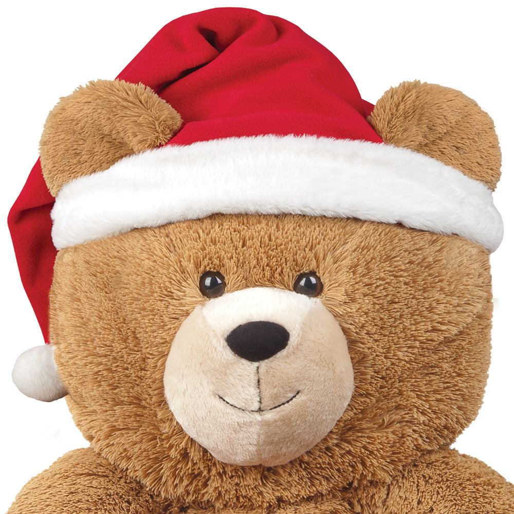 Large plush brown teddy bear wearing a red Santa hat with white trim and pom-pom.