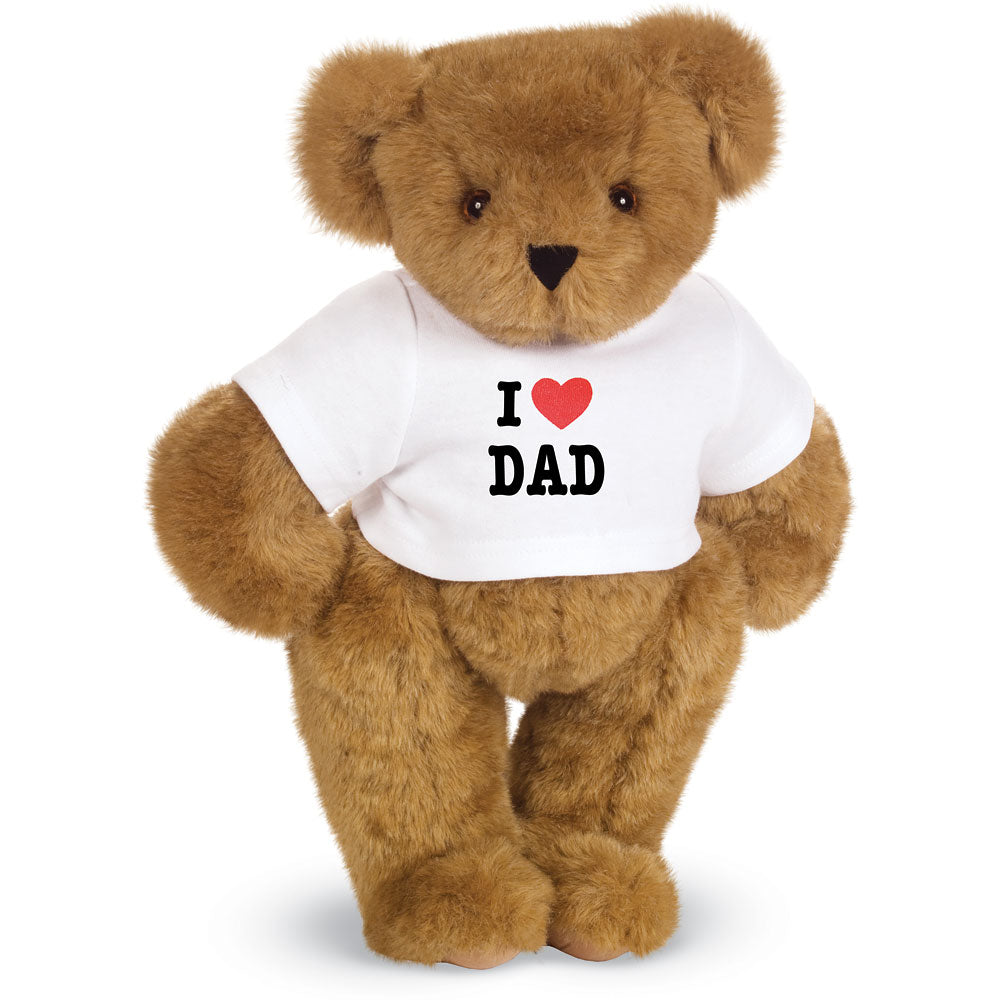 Honey-colored plush bear wearing a white T-shirt with "I ♥ DAD" printed in black and red.