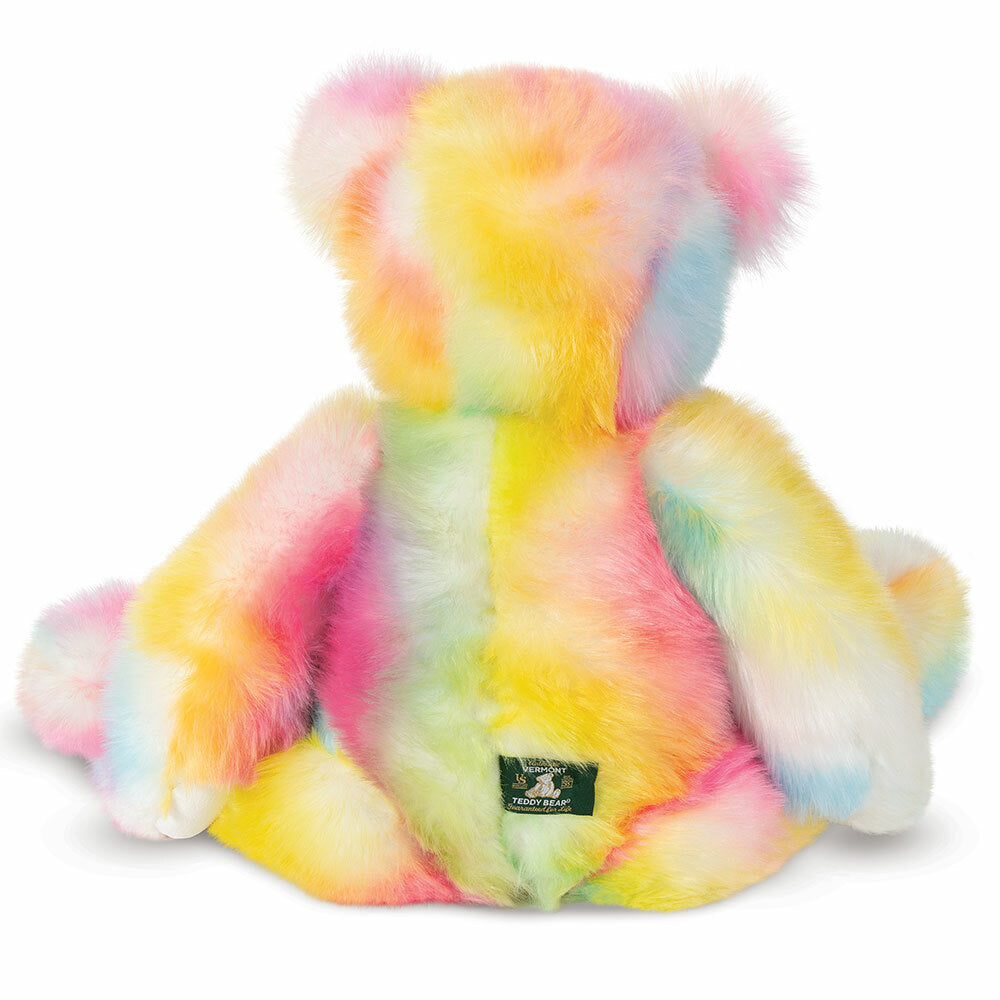 Colorful rainbow tie-dye plush bear sitting with visible brand tag on back.
