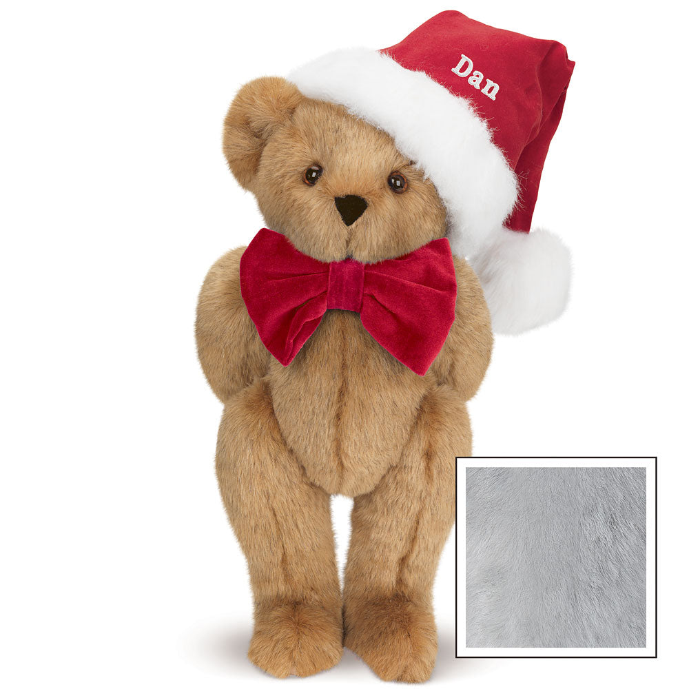 15-inch honey brown teddy bear with brown eyes, wearing a red Santa hat embroidered with "Dan" and a red velvet bow tie.